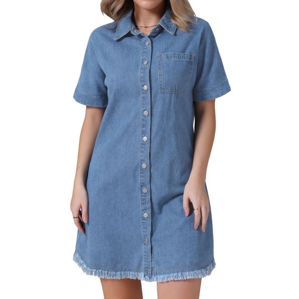 Button Front Frayed Hem Collared Short Sleeve Jean Shirt Dresses Light Blue